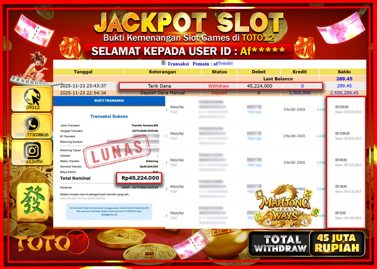 HANYA DI TOTO12 JP PASTI DI BAYAR LUNAS DAN CEPAT!!!!!! JACKPOT SLOT GAME (MAHJONG WAYS) Rp.45.224.000 !!!!