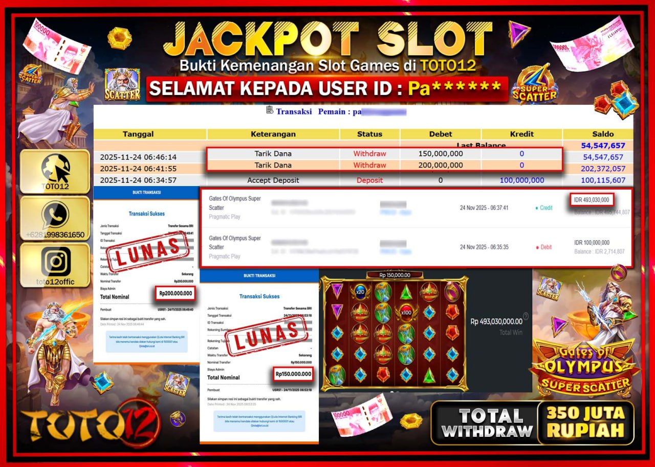 HANYA DI TOTO12 JP PASTI DI BAYAR LUNAS DAN CEPAT!!!!!! JACKPOT SLOT GAME (GATES OF OLYMPUS SUPER SCATTER) Rp.350.000.000 !!!!