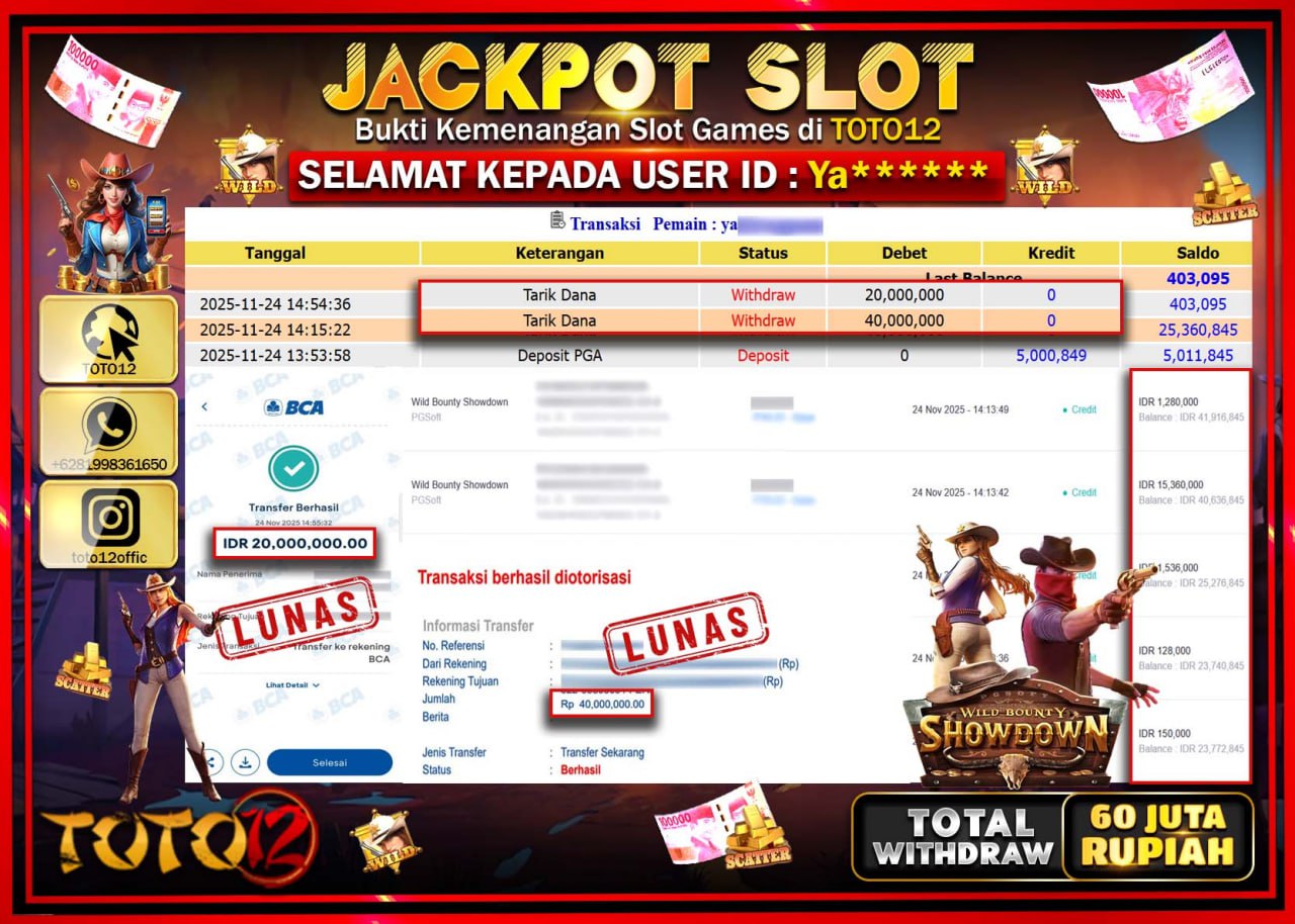 HANYA DI TOTO12 JP PASTI DI BAYAR LUNAS DAN CEPAT!!!!!! JACKPOT SLOT GAME (WILD BOUNTY SHOWDOWN) Rp.60.000.000 !!!!
