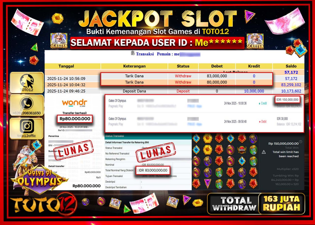 HANYA DI TOTO12 JP PASTI DI BAYAR LUNAS DAN CEPAT!!!!!! JACKPOT SLOT GAME (GATES OF OLYMPUS) Rp.163.000.000 !!!!