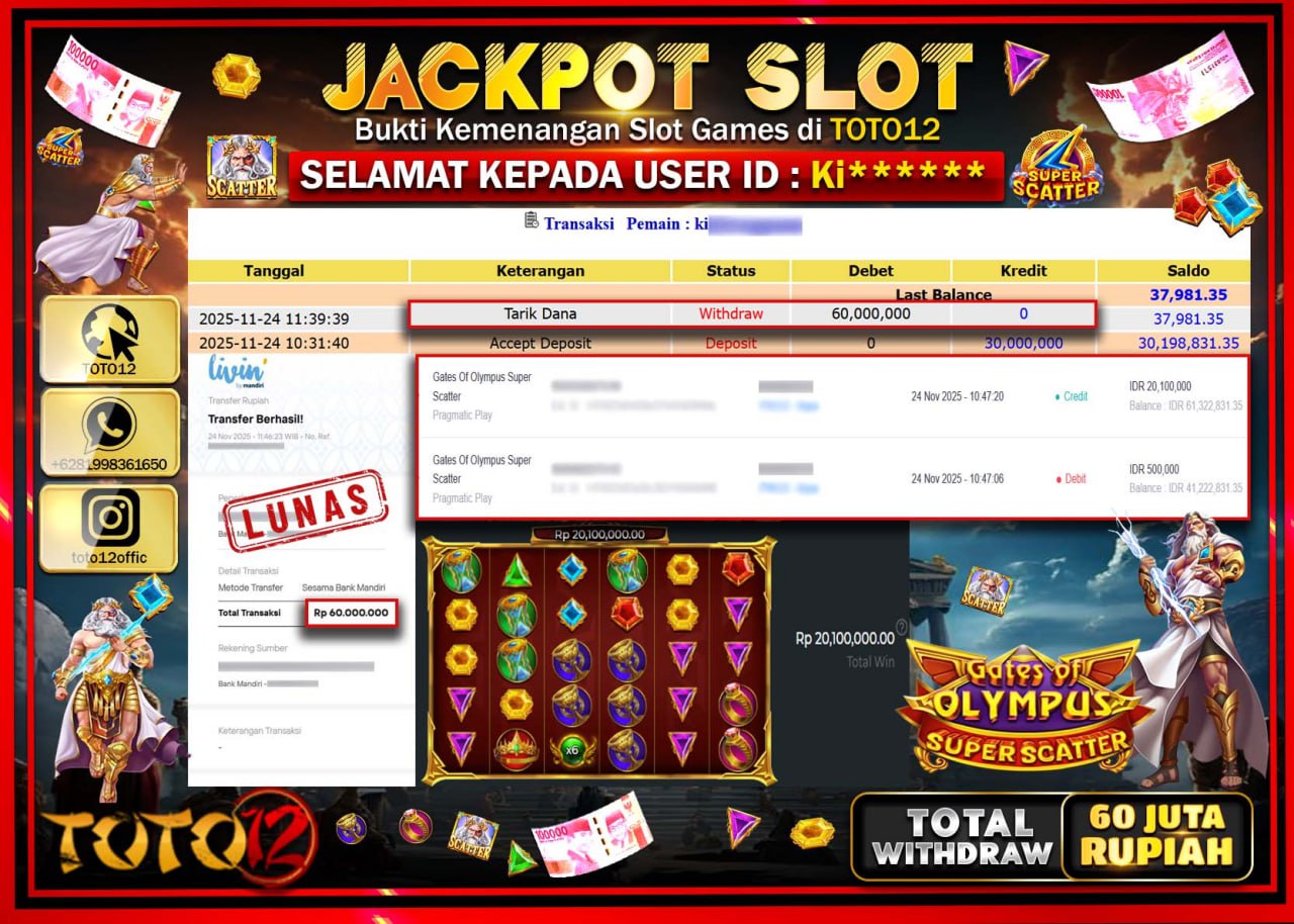 HANYA DI TOTO12 JP PASTI DI BAYAR LUNAS DAN CEPAT!!!!!! JACKPOT SLOT GAME (GATES OF OLYMPUS SUPER SCATTER) Rp.60.000.000 !!!!