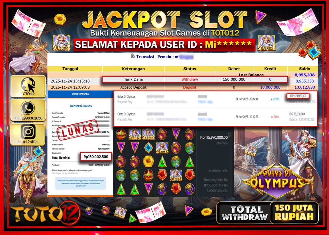HANYA DI TOTO12 JP PASTI DI BAYAR LUNAS DAN CEPAT!!!!!! JACKPOT SLOT GAME (GATES OF OLYMPUS) Rp.150.000.000 !!!!