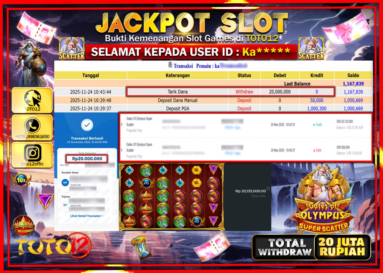 HANYA DI TOTO12 JP PASTI DI BAYAR LUNAS DAN CEPAT!!!!!! JACKPOT SLOT GAME (GATES OF OLYMPUS SUPER SCATTER) Rp.20.000.000 !!!!