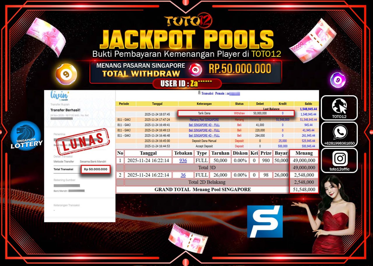 HANYA DI TOTO12 JP PASTI DI BAYAR LUNAS DAN CEPAT!!!!!! JACKPOT POOLS PASARAN (SINGAPORE) Rp.50.000.000 !!!!