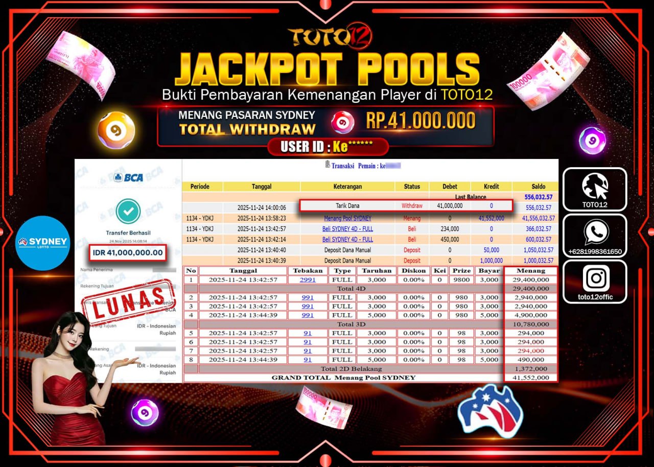 HANYA DI TOTO12 JP PASTI DI BAYAR LUNAS DAN CEPAT!!!!!! JACKPOT POOLS PASARAN (SYDNEY) Rp.41.000.000 !!!!