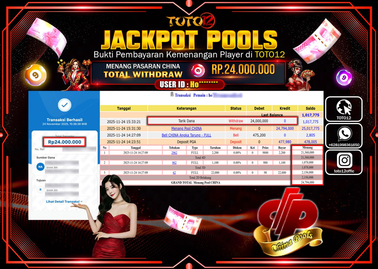 HANYA DI TOTO12 JP PASTI DI BAYAR LUNAS DAN CEPAT!!!!!! JACKPOT POOLS PASARAN (CHINA) Rp.24.000.000 !!!!