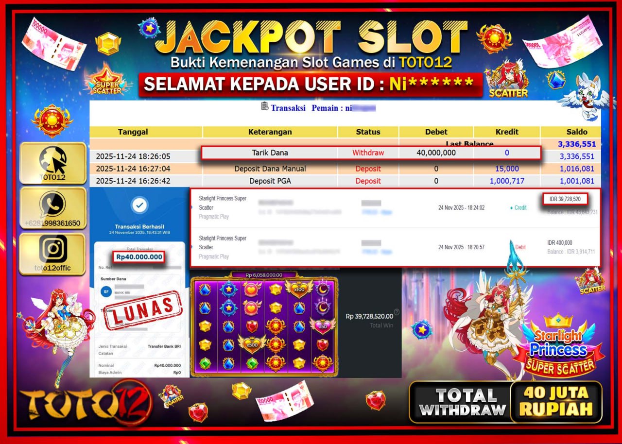 HANYA DI TOTO12 JP PASTI DI BAYAR LUNAS DAN CEPAT!!!!!! JACKPOT SLOT GAME (STARLIGHT PRINCESS SUPER SCATTER) Rp.40.000.000 !!!!