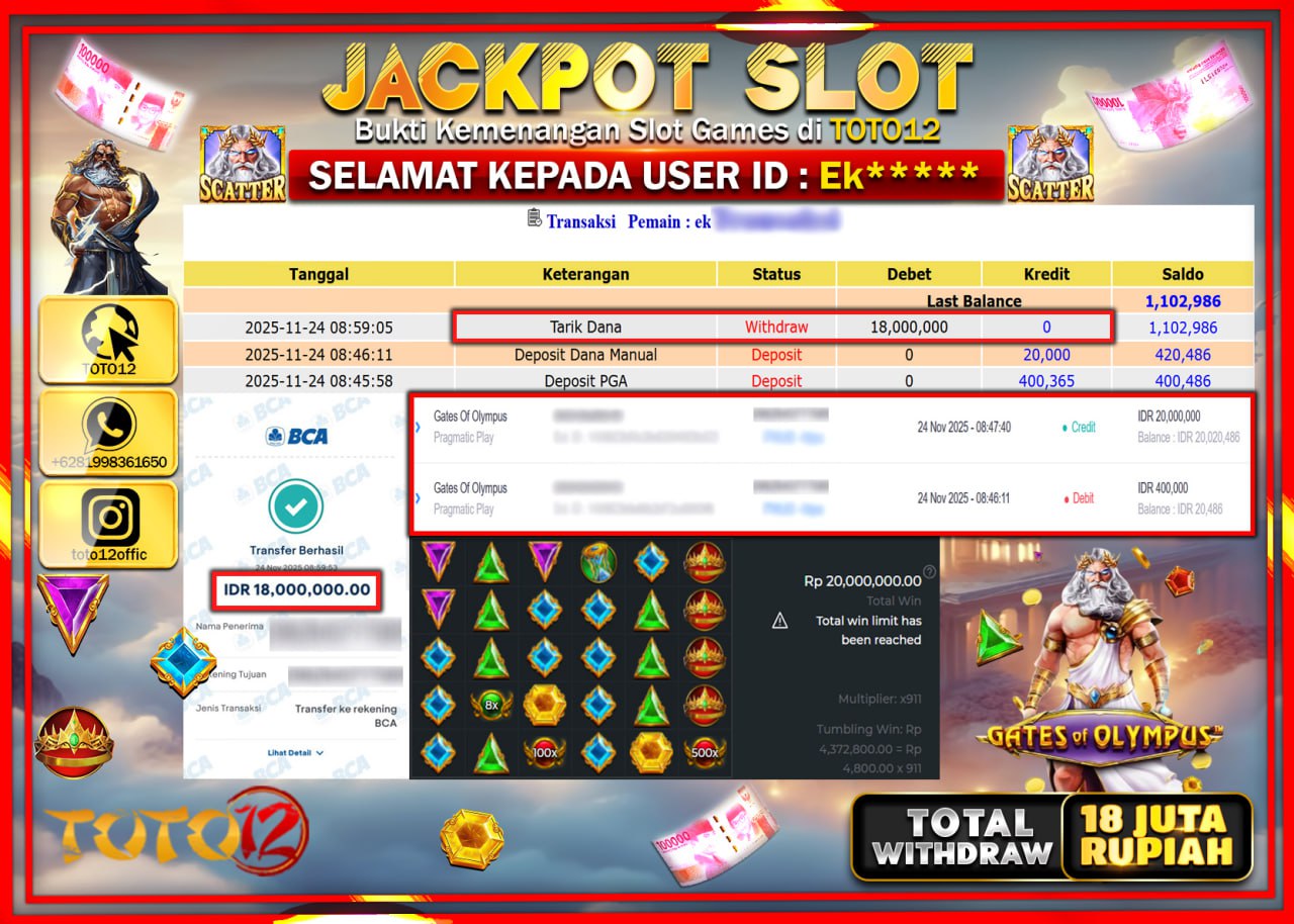 HANYA DI TOTO12 JP PASTI DI BAYAR LUNAS DAN CEPAT!!!!!! JACKPOT SLOT GAME (GATES OF OLYMPUS) Rp.18.000.000 !!!!
