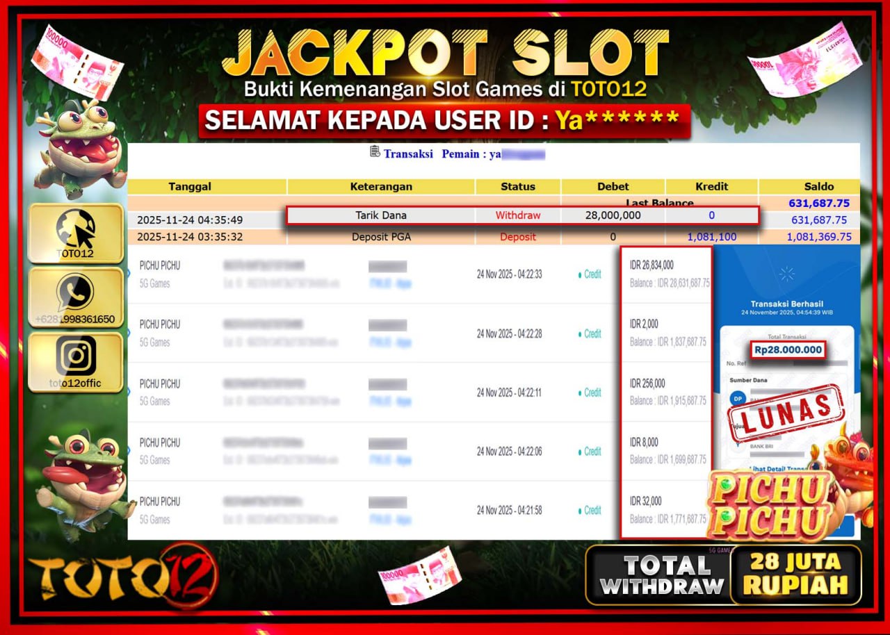 HANYA DI TOTO12 JP PASTI DI BAYAR LUNAS DAN CEPAT!!!!!! JACKPOT SLOT GAME (PICHU PICHU) Rp.28.000.000 !!!!
