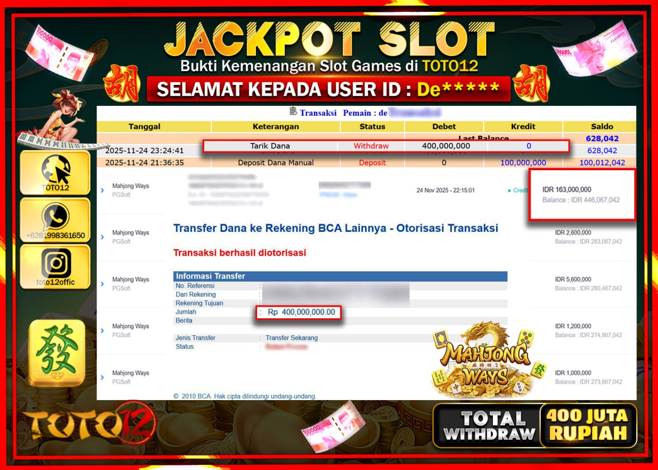 HANYA DI TOTO12 JP PASTI DI BAYAR LUNAS DAN CEPAT!!!!!! JACKPOT SLOT GAME (MAHJONG WAYS) Rp.400.000.000 !!!!