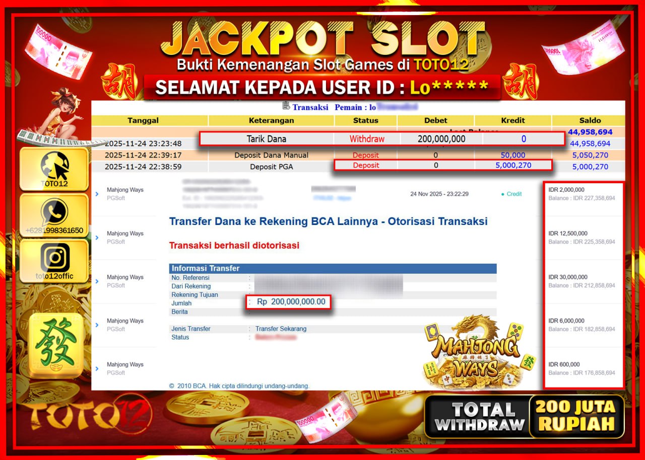 HANYA DI TOTO12 JP PASTI DI BAYAR LUNAS DAN CEPAT!!!!!! JACKPOT SLOT GAME (MAHJONG WAYS) Rp.200.000.000 !!!!