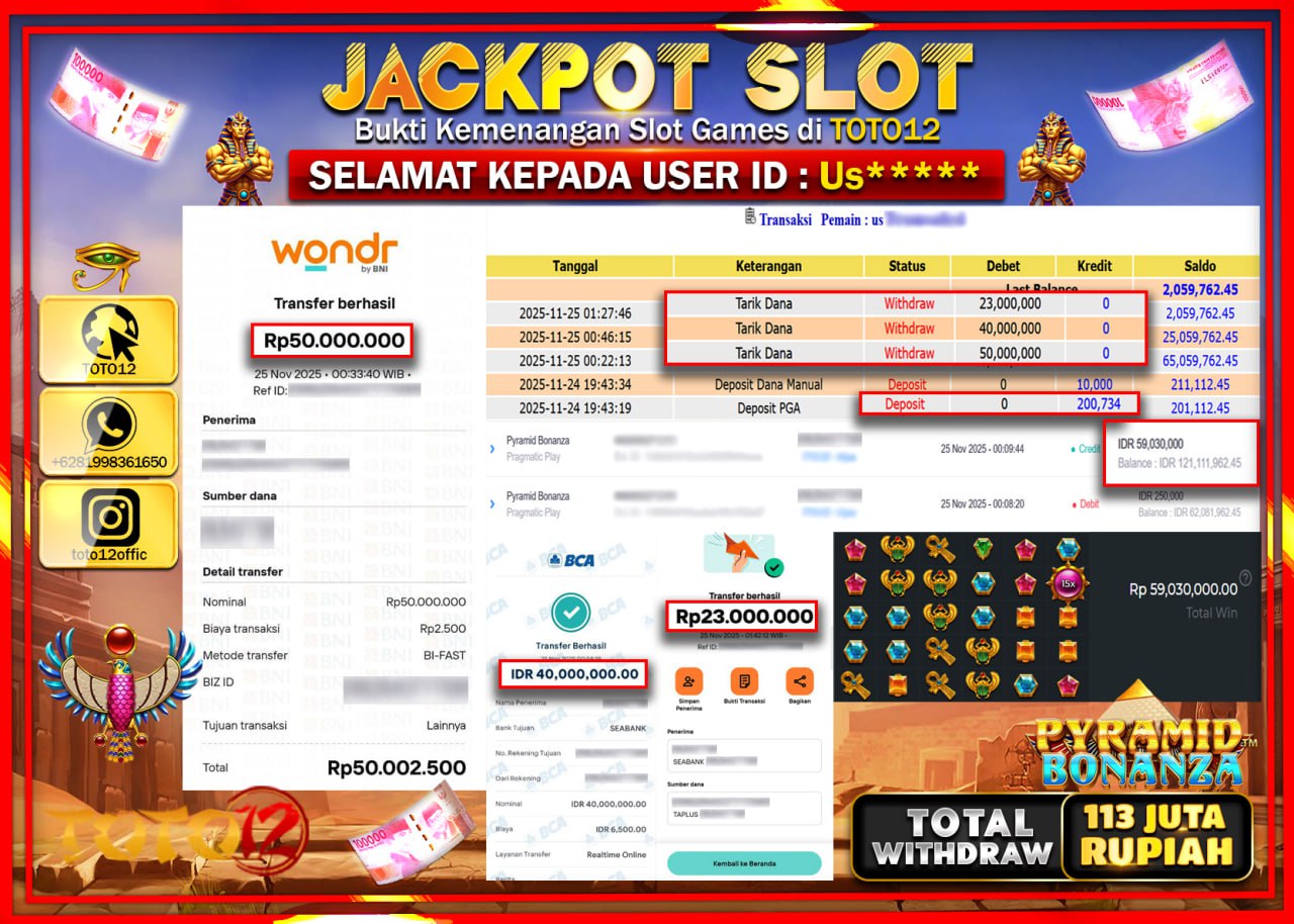 HANYA DI TOTO12 JP PASTI DI BAYAR LUNAS DAN CEPAT!!!!!! JACKPOT SLOT GAME (PYRAMID BONANZA) Rp.113.000.000 !!!!