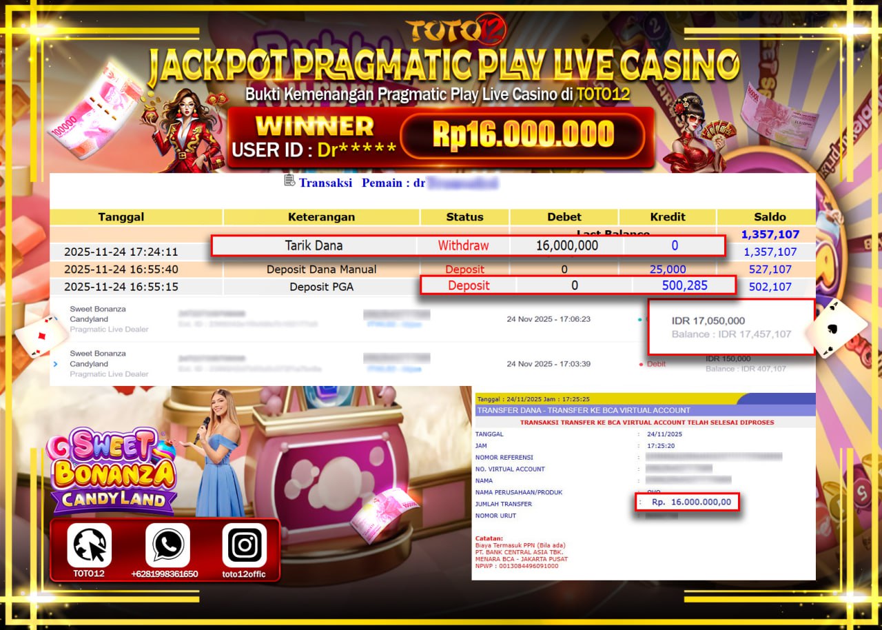 HANYA DI TOTO12 JP PASTI DI BAYAR LUNAS DAN CEPAT!!!!!! JACKPOT PRAGMATIC PLAY LIVE CASINO (SWEET BONANZA CANDYLAND) Rp.16.000.000 !!!!