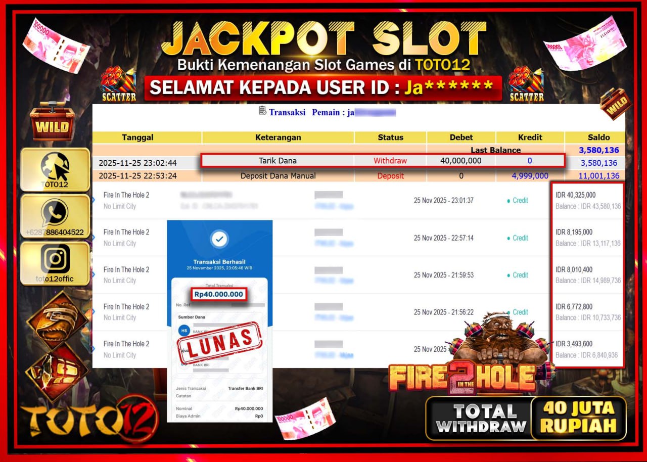 HANYA DI TOTO12 JP PASTI DI BAYAR LUNAS DAN CEPAT!!!!!! JACKPOT SLOT GAME (FIRE IN THE HOLE 2) Rp.40.000.000 !!!!