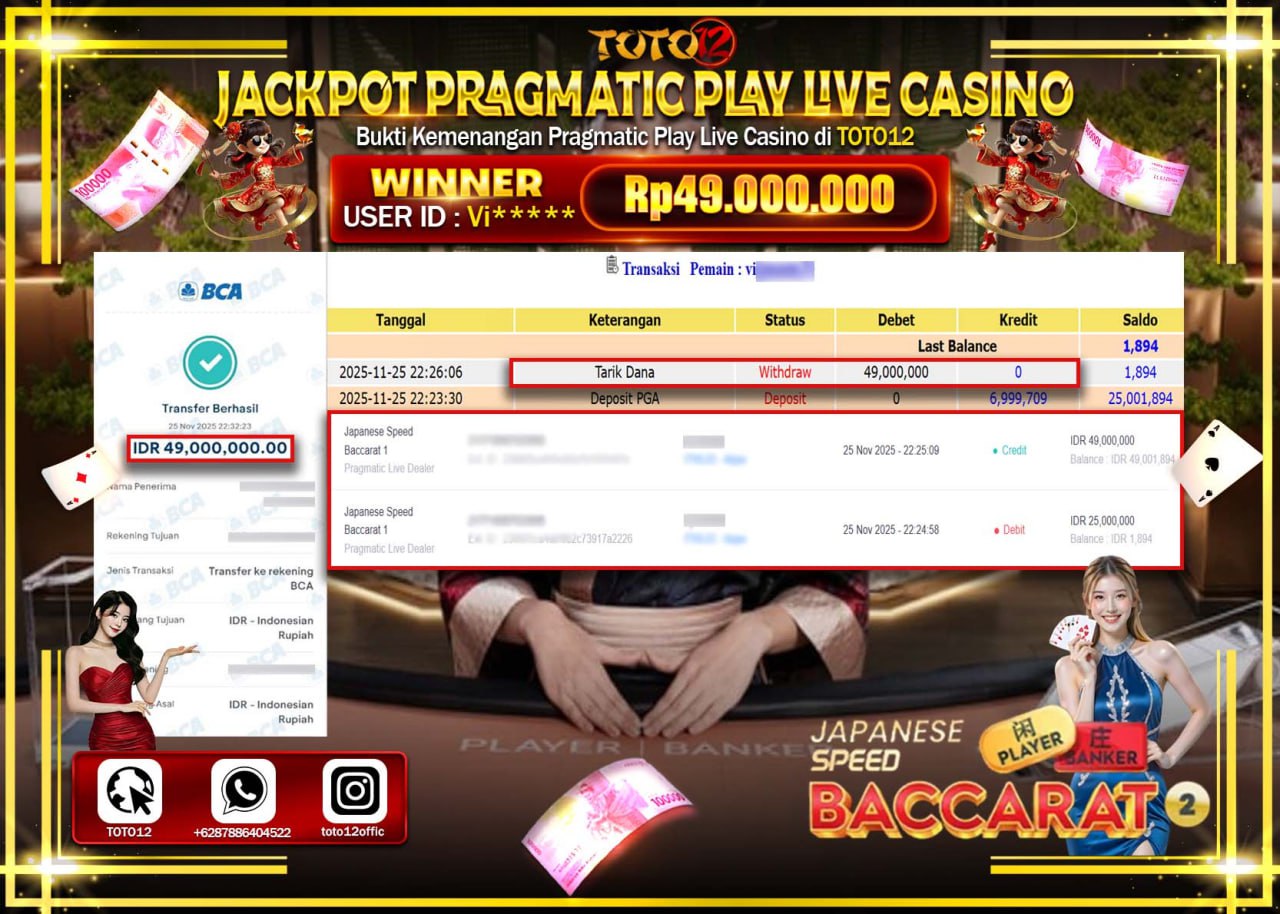 HANYA DI TOTO12 JP PASTI DI BAYAR LUNAS DAN CEPAT!!!!!! JACKPOT PRAGMATIC PLAY LIVE CASINO (JAPANESE SPEED BACCARAT 1) Rp.49.000.000 !!!!