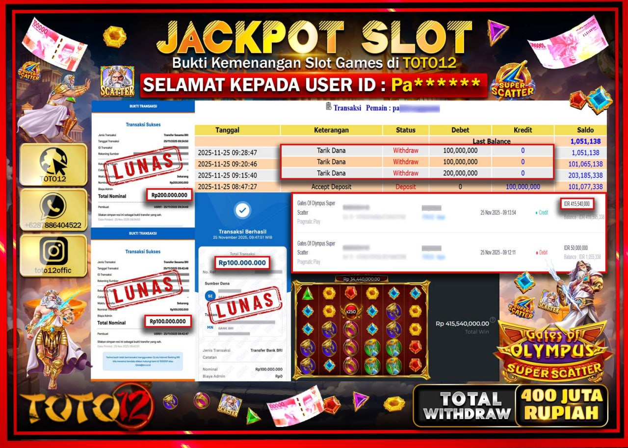 HANYA DI TOTO12 JP PASTI DI BAYAR LUNAS DAN CEPAT!!!!!! JACKPOT SLOT GAME (GATES OF OLYMPUS SUPER SCATTER) Rp.400.000.000 !!!!
