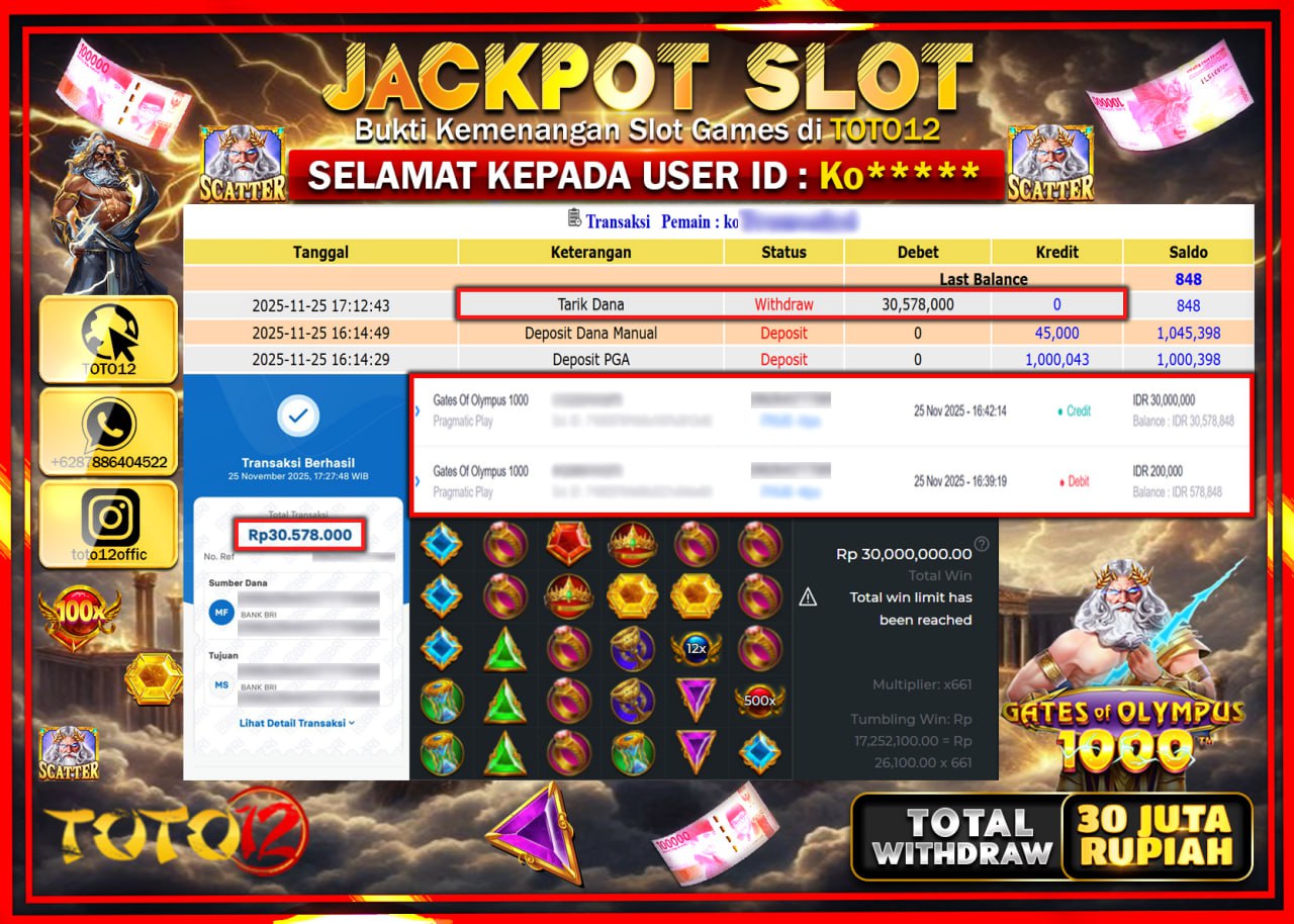HANYA DI TOTO12 JP PASTI DI BAYAR LUNAS DAN CEPAT!!!!!! JACKPOT SLOT GAME (GATES OF OLYMPUS 1000) Rp.30.578.000 !!!!