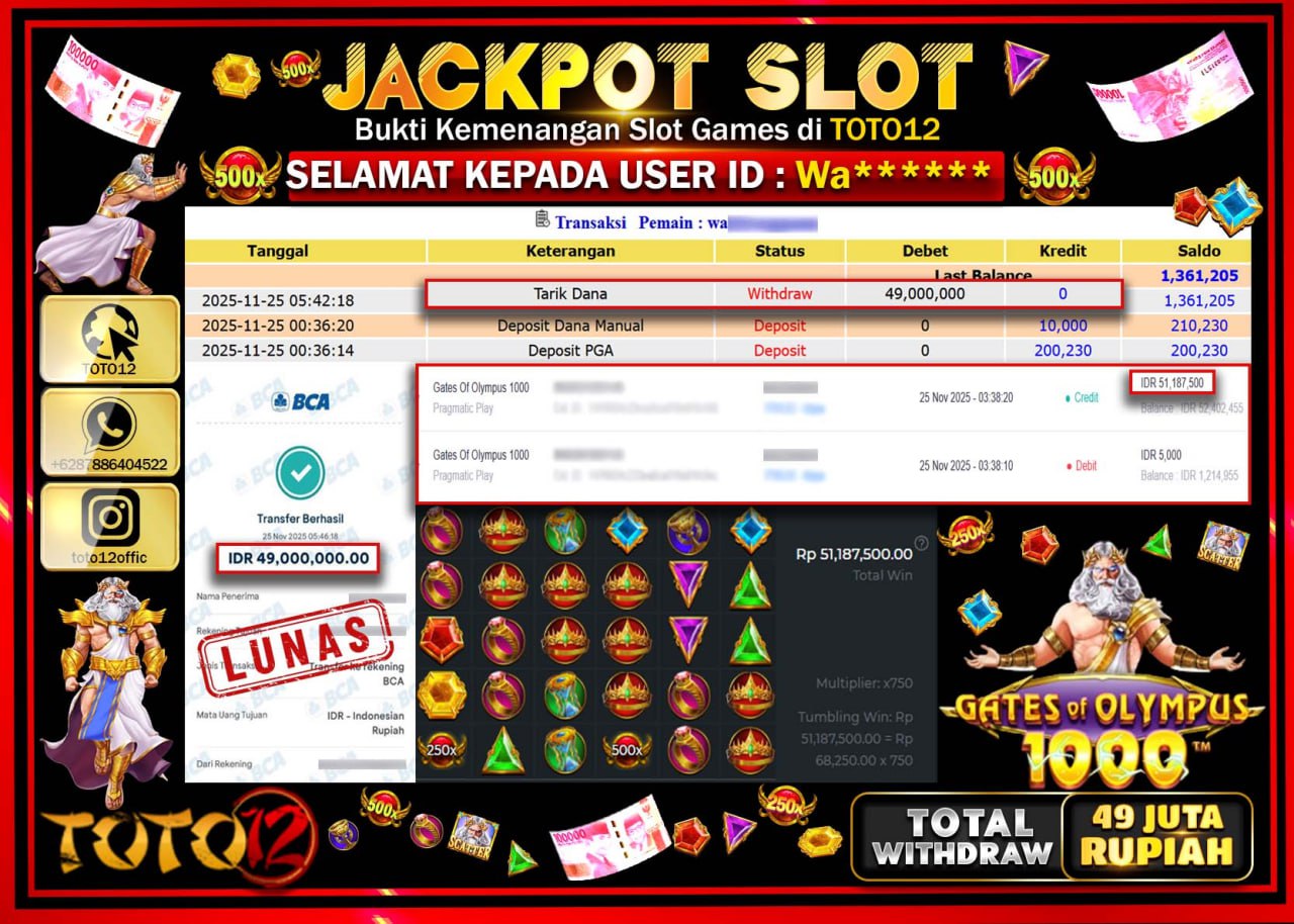 HANYA DI TOTO12 JP PASTI DI BAYAR LUNAS DAN CEPAT!!!!!! JACKPOT SLOT GAME (GATES OF OLYMPUS 1000) Rp.49.000.000 !!!!
