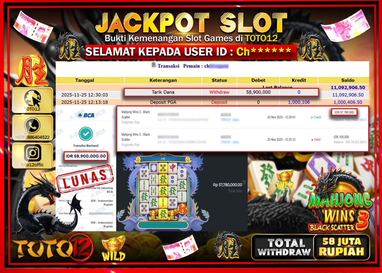 HANYA DI TOTO12 JP PASTI DI BAYAR LUNAS DAN CEPAT!!!!!! JACKPOT SLOT GAME (MAHJONG WINS 3 BLACK SCATTER) Rp.58.900.000 !!!!