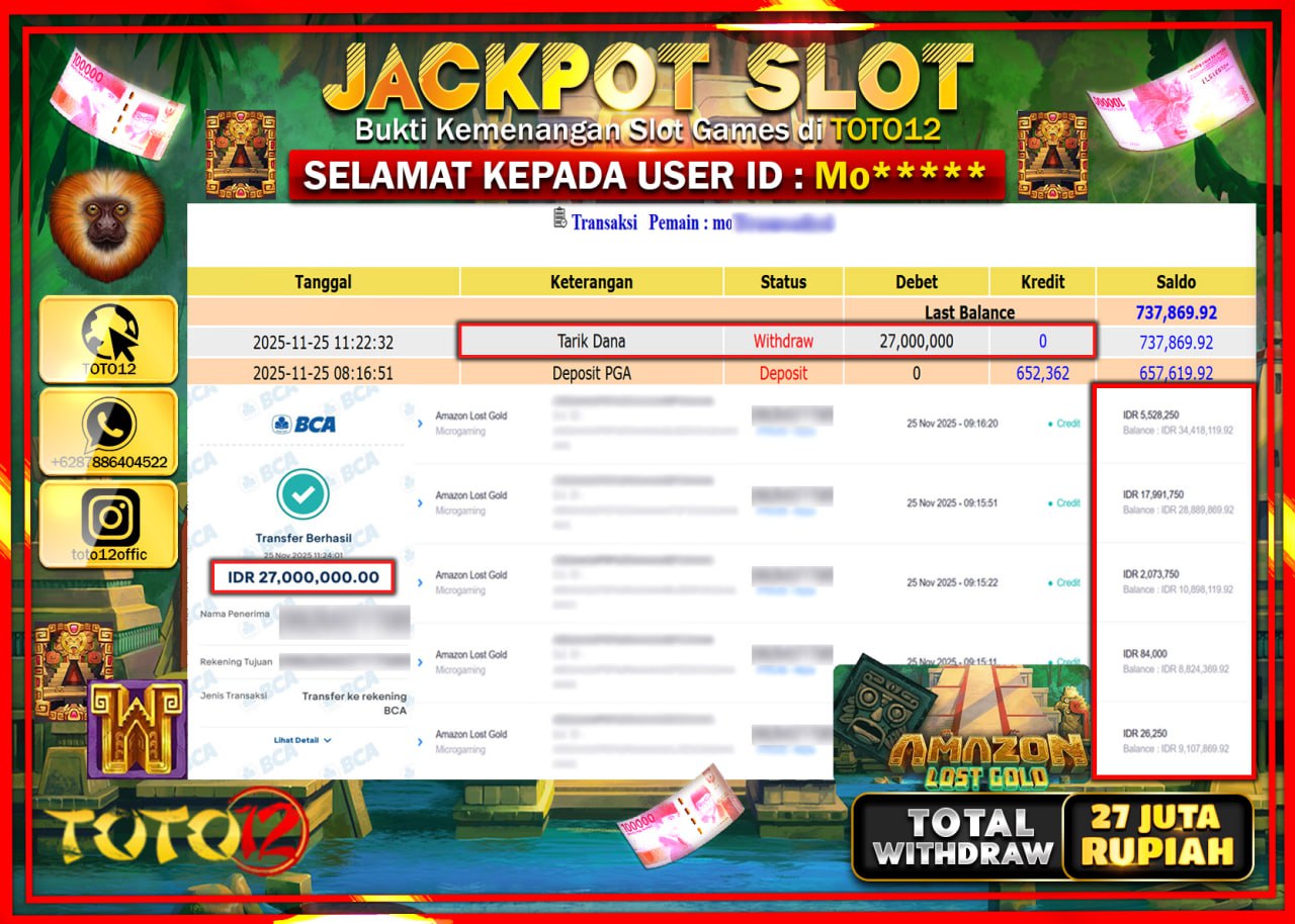 HANYA DI TOTO12 JP PASTI DI BAYAR LUNAS DAN CEPAT!!!!!! JACKPOT SLOT GAME (AMAZON LOST GOLD) Rp.27.000.000 !!!!