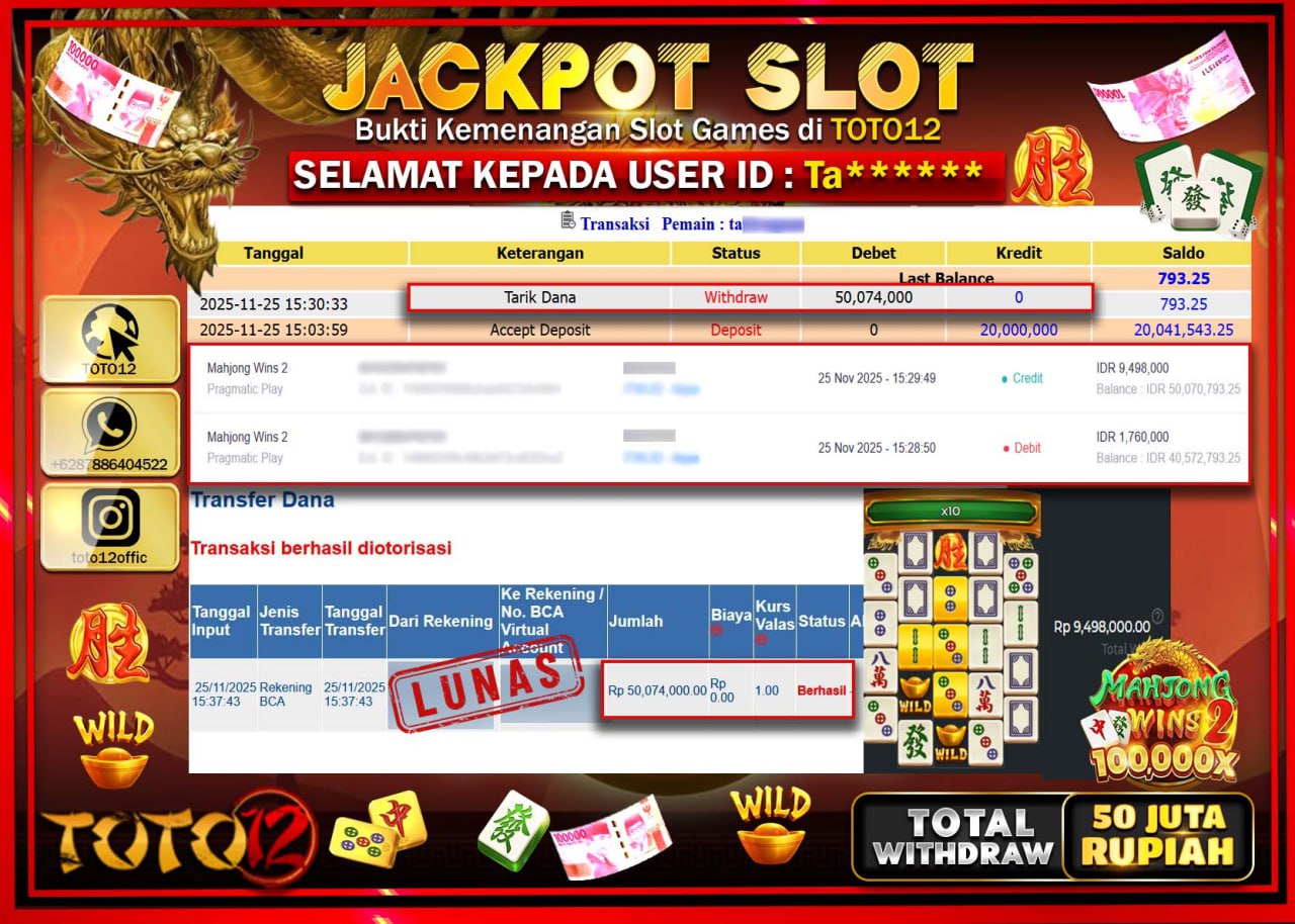 HANYA DI TOTO12 JP PASTI DI BAYAR LUNAS DAN CEPAT!!!!!! JACKPOT SLOT GAME (MAHJONG WINS 2) Rp.50.074.000 !!!!