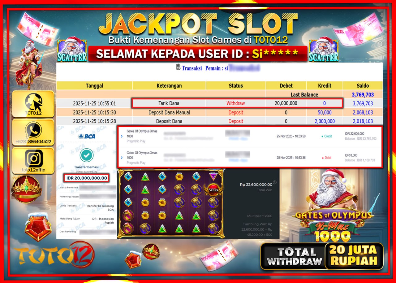 HANYA DI TOTO12 JP PASTI DI BAYAR LUNAS DAN CEPAT!!!!!! JACKPOT SLOT GAME (GATES OF OLYMPUS XMAS 1000) Rp.20.000.000 !!!!