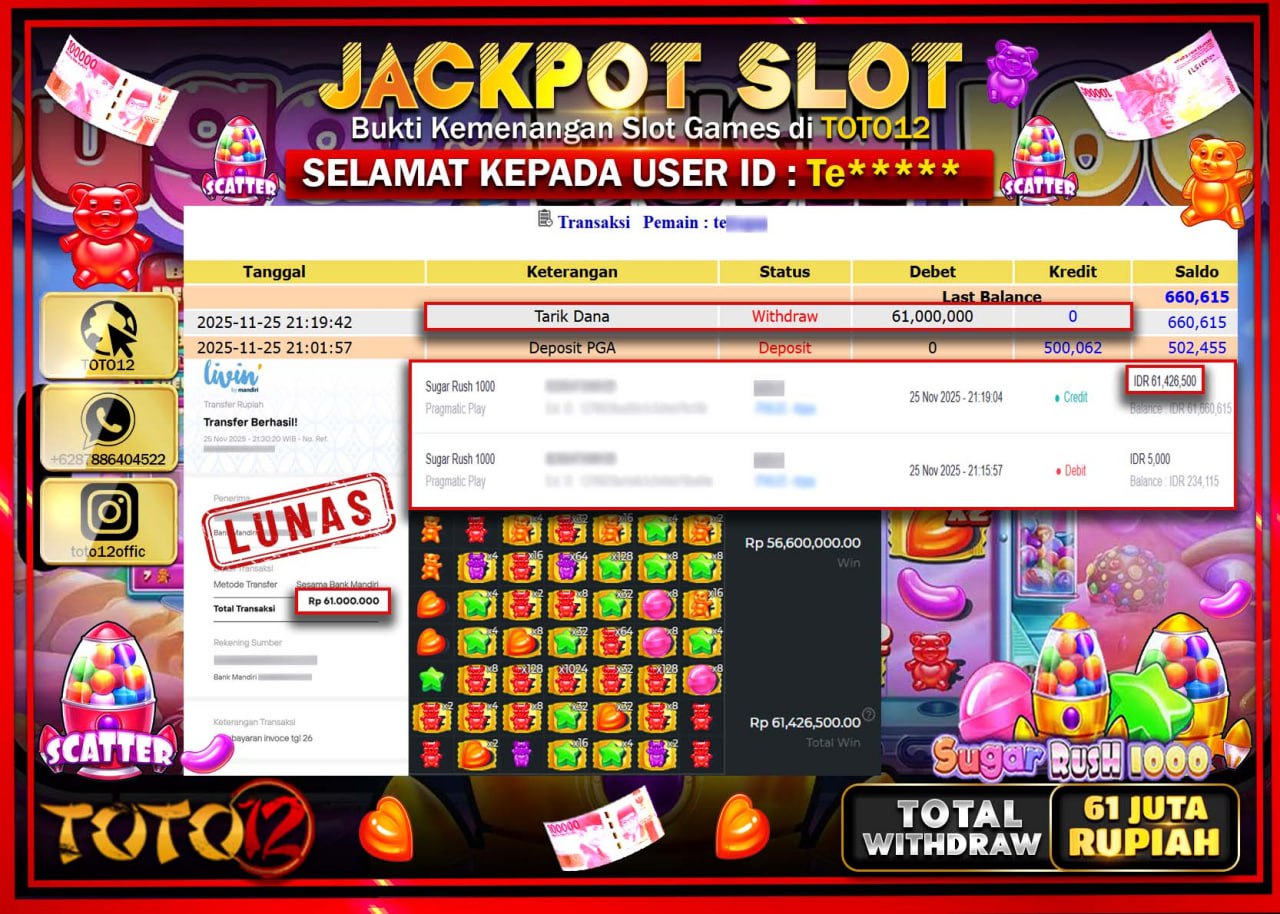 HANYA DI TOTO12 JP PASTI DI BAYAR LUNAS DAN CEPAT!!!!!! JACKPOT SLOT GAME (SUGAR RUSH 1000) Rp.61.000.000 !!!!