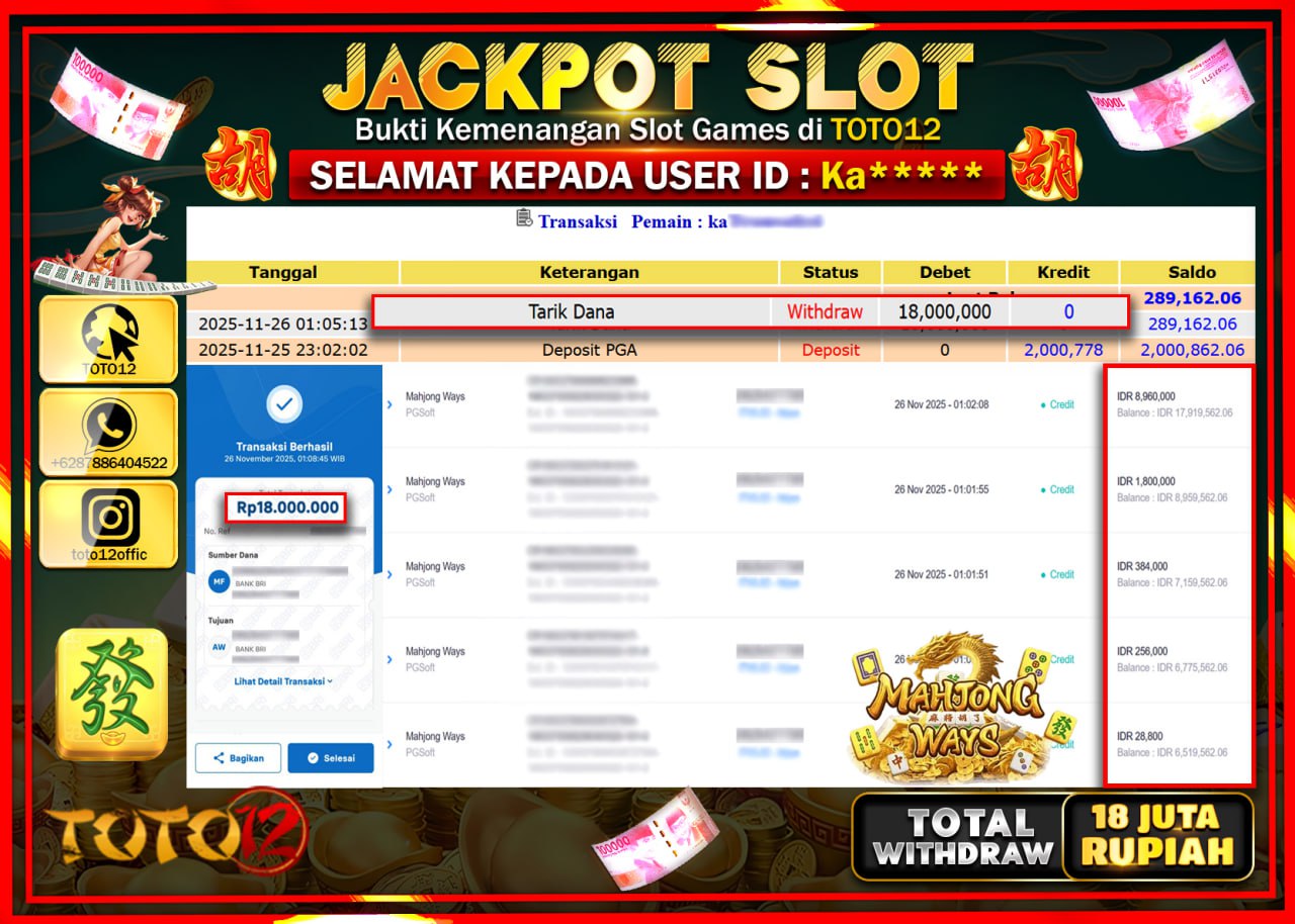 HANYA DI TOTO12 JP PASTI DI BAYAR LUNAS DAN CEPAT!!!!!! JACKPOT SLOT GAME (MAHJONG WAYS) Rp.18.000.000 !!!!