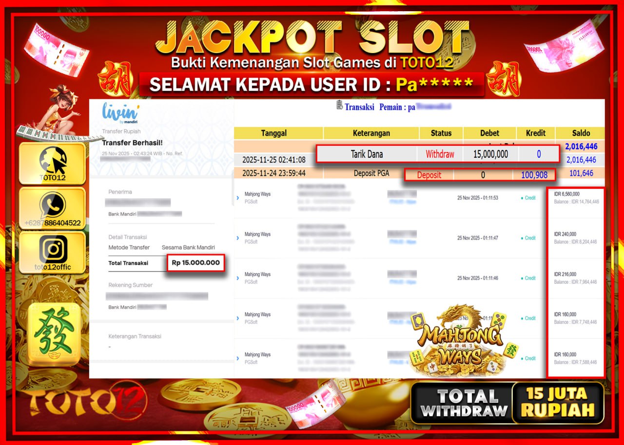 HANYA DI TOTO12 JP PASTI DI BAYAR LUNAS DAN CEPAT!!!!!! JACKPOT SLOT GAME (MAHJONG WAYS) Rp.15.000.000 !!!!
