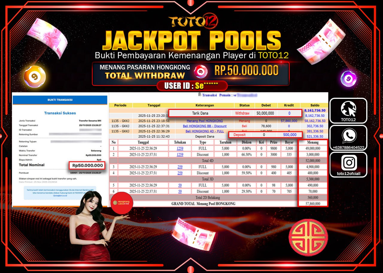 HANYA DI TOTO12 JP PASTI DI BAYAR LUNAS DAN CEPAT!!!!!! JACKPOT POOLS PASARAN (HONGKONG) Rp.50.000.000 !!!!