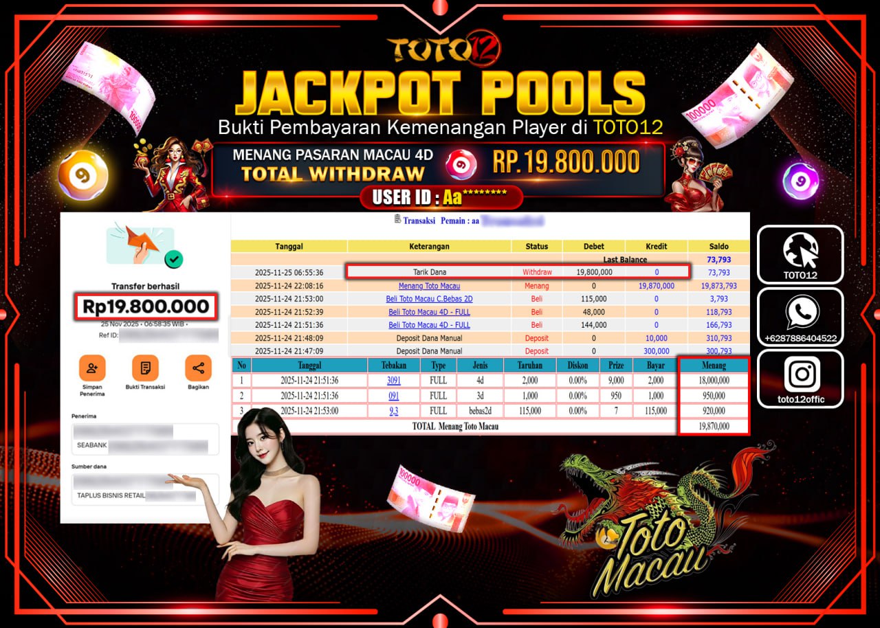HANYA DI TOTO12 JP PASTI DI BAYAR LUNAS DAN CEPAT!!!!!! JACKPOT POOLS PASARAN (MACAU 4D) Rp.19.800.000 !!!!