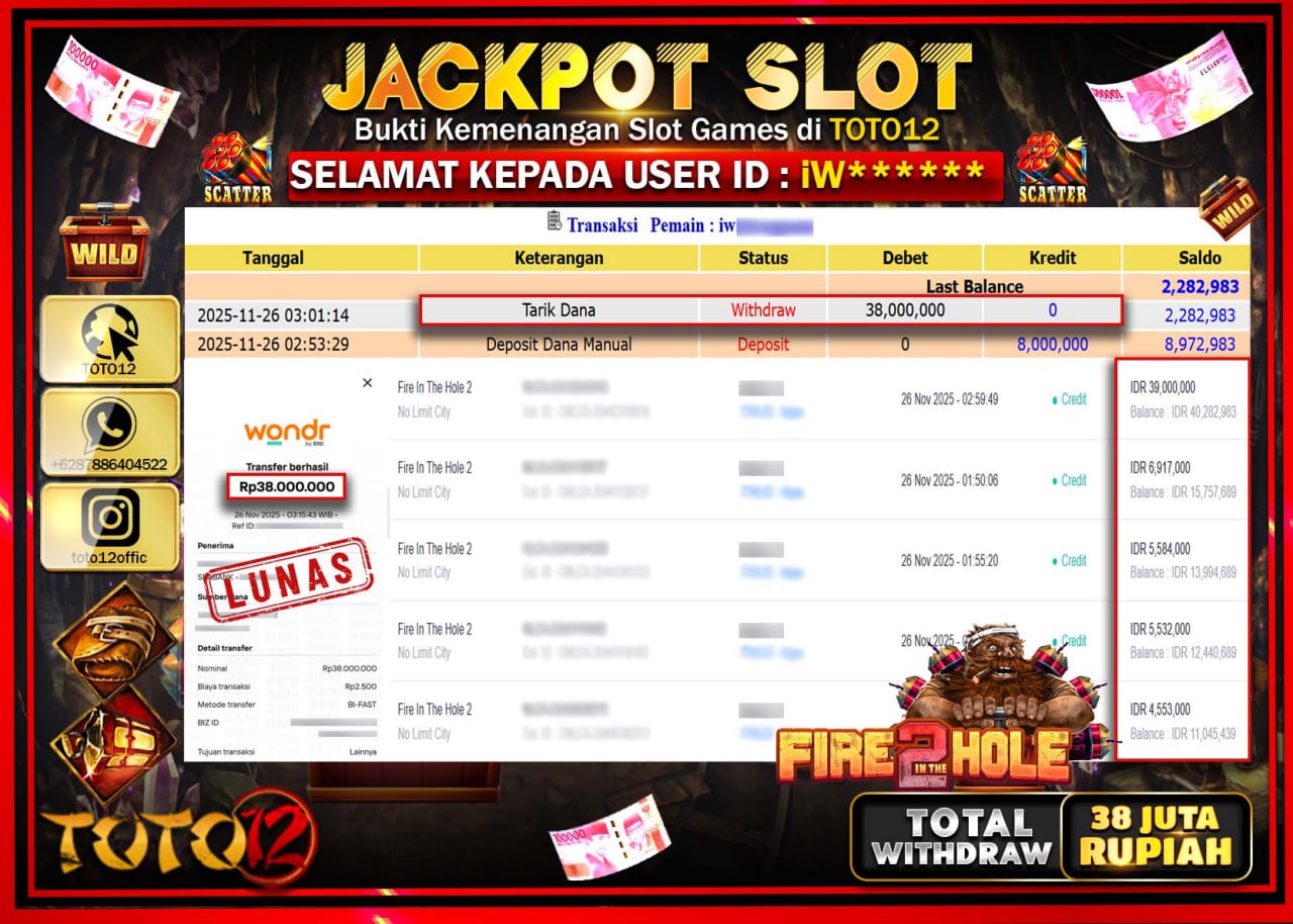 HANYA DI TOTO12 JP PASTI DI BAYAR LUNAS DAN CEPAT!!!!!! JACKPOT SLOT GAME (FIRE IN THE HOLE 2) Rp.38.000.000 !!!!