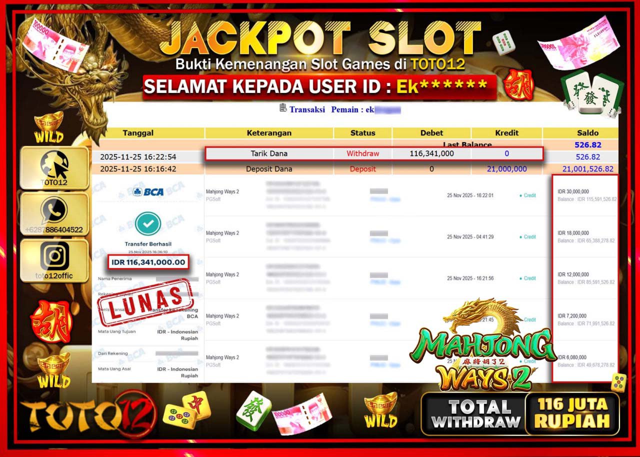 HANYA DI TOTO12 JP PASTI DI BAYAR LUNAS DAN CEPAT!!!!!! JACKPOT SLOT GAME (MAHJONG WAYS 2) Rp.116.341.000 !!!!