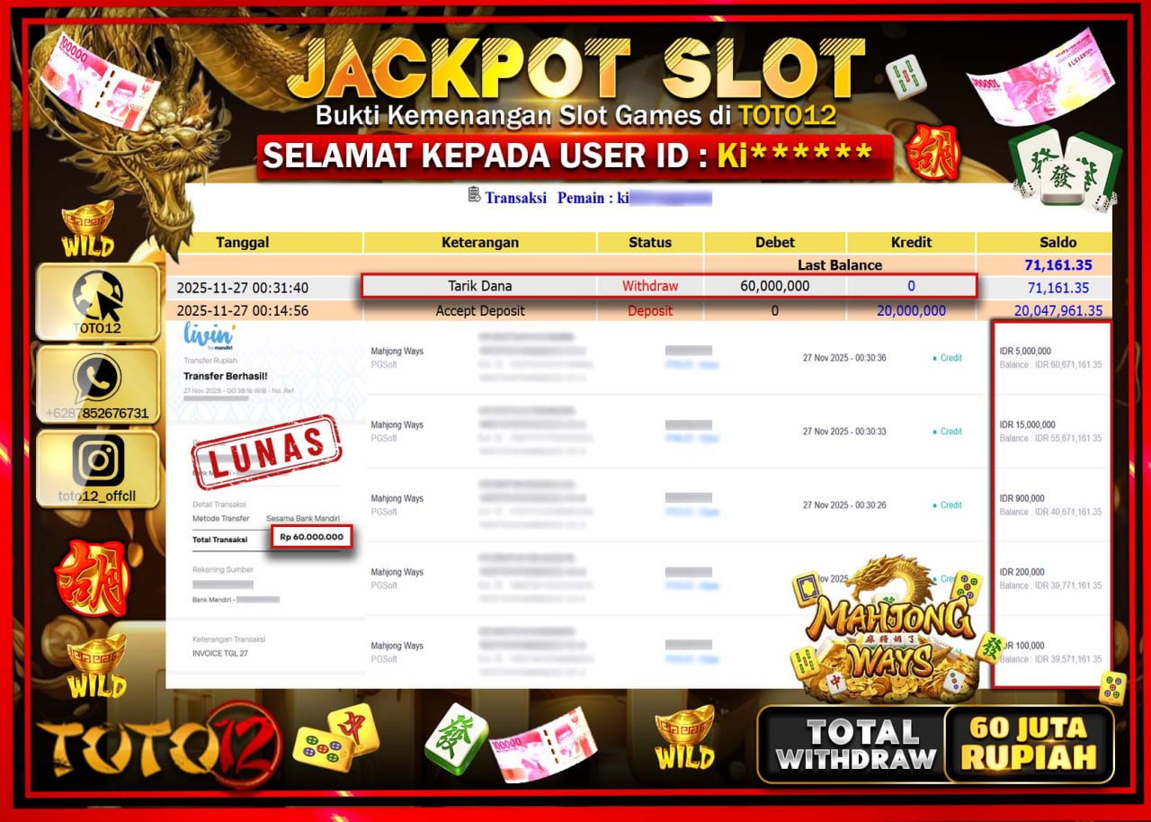 HANYA DI TOTO12 JP PASTI DI BAYAR LUNAS DAN CEPAT!!!!!! JACKPOT SLOT GAME (MAHJONG WAYS) Rp.60.000.000 !!!!