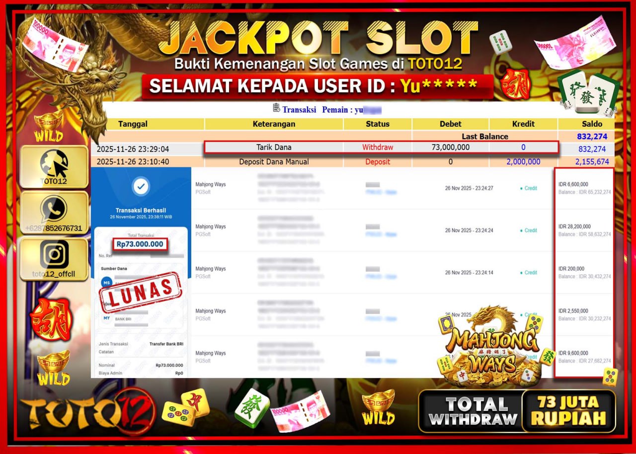HANYA DI TOTO12 JP PASTI DI BAYAR LUNAS DAN CEPAT!!!!!! JACKPOT SLOT GAME (MAHJONG WAYS) Rp.73.000.000 !!!!