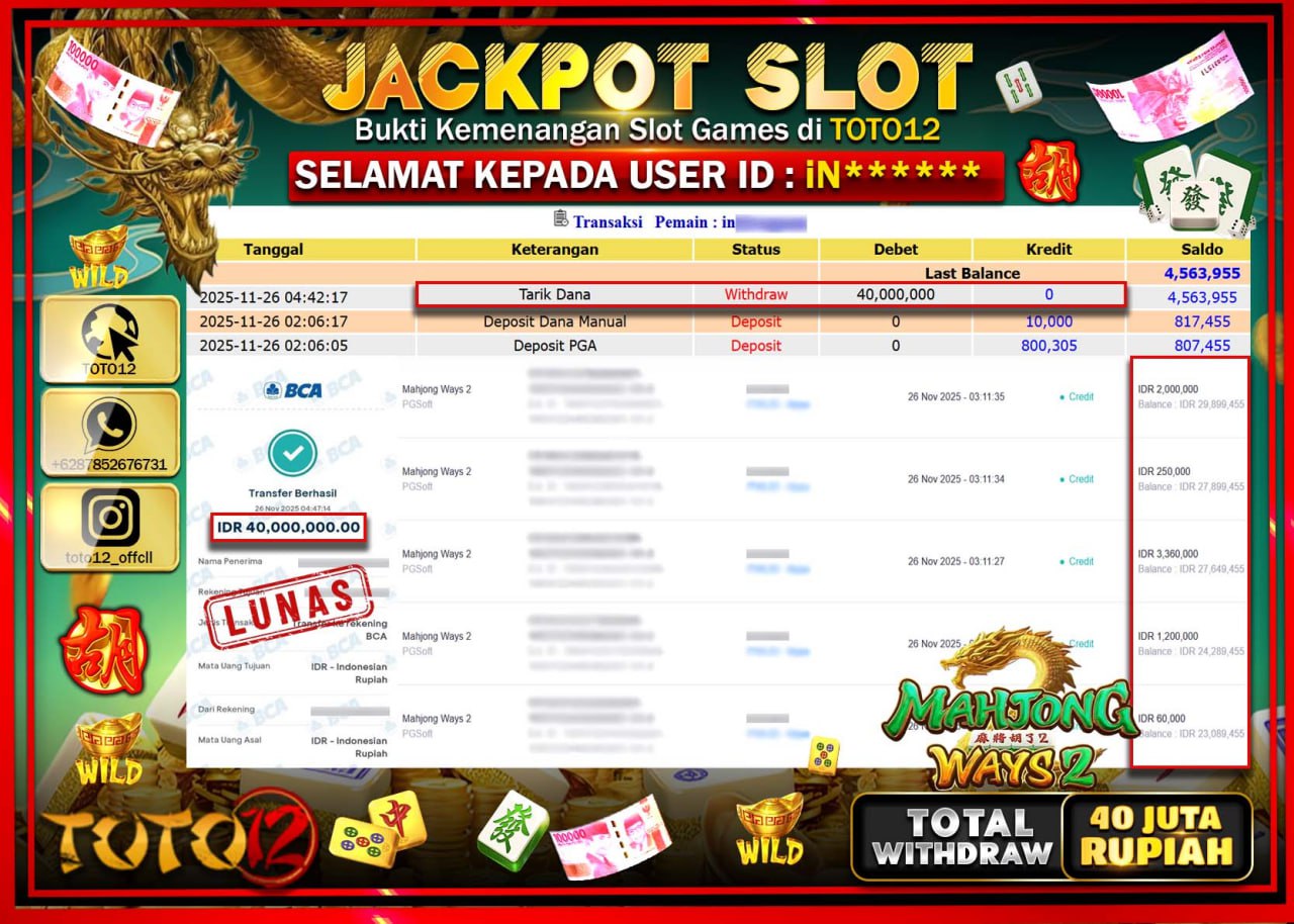 HANYA DI TOTO12 JP PASTI DI BAYAR LUNAS DAN CEPAT!!!!!! JACKPOT SLOT GAME (MAHJONG WAYS 2) Rp.40.000.000 !!!!