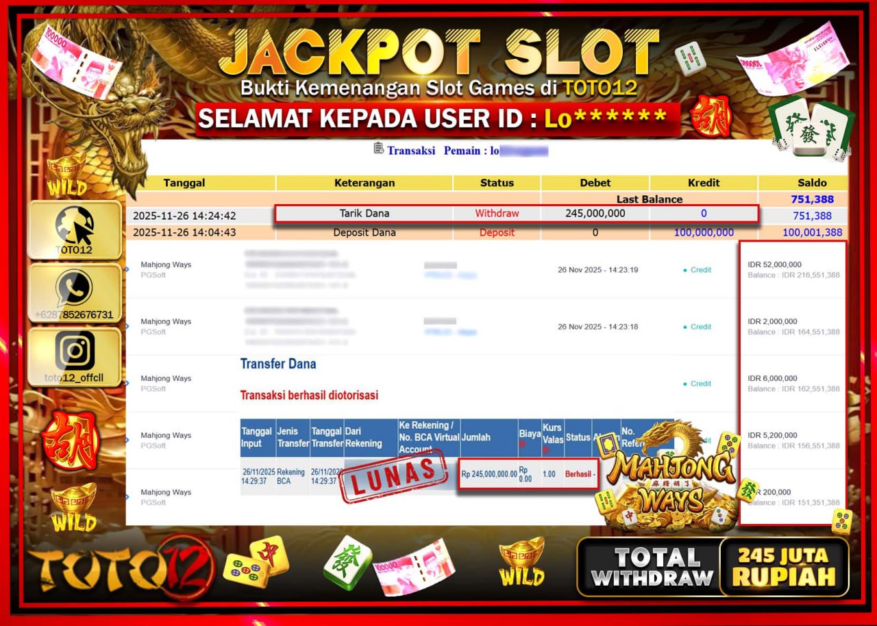 HANYA DI TOTO12 JP PASTI DI BAYAR LUNAS DAN CEPAT!!!!!! JACKPOT SLOT GAME (MAHJONG WAYS) Rp.245.000.000 !!!!