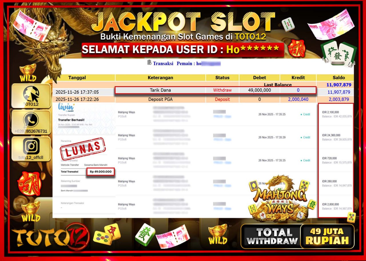 HANYA DI TOTO12 JP PASTI DI BAYAR LUNAS DAN CEPAT!!!!!! JACKPOT SLOT GAME (MAHJONG WAYS) Rp.49.000.000 !!!!