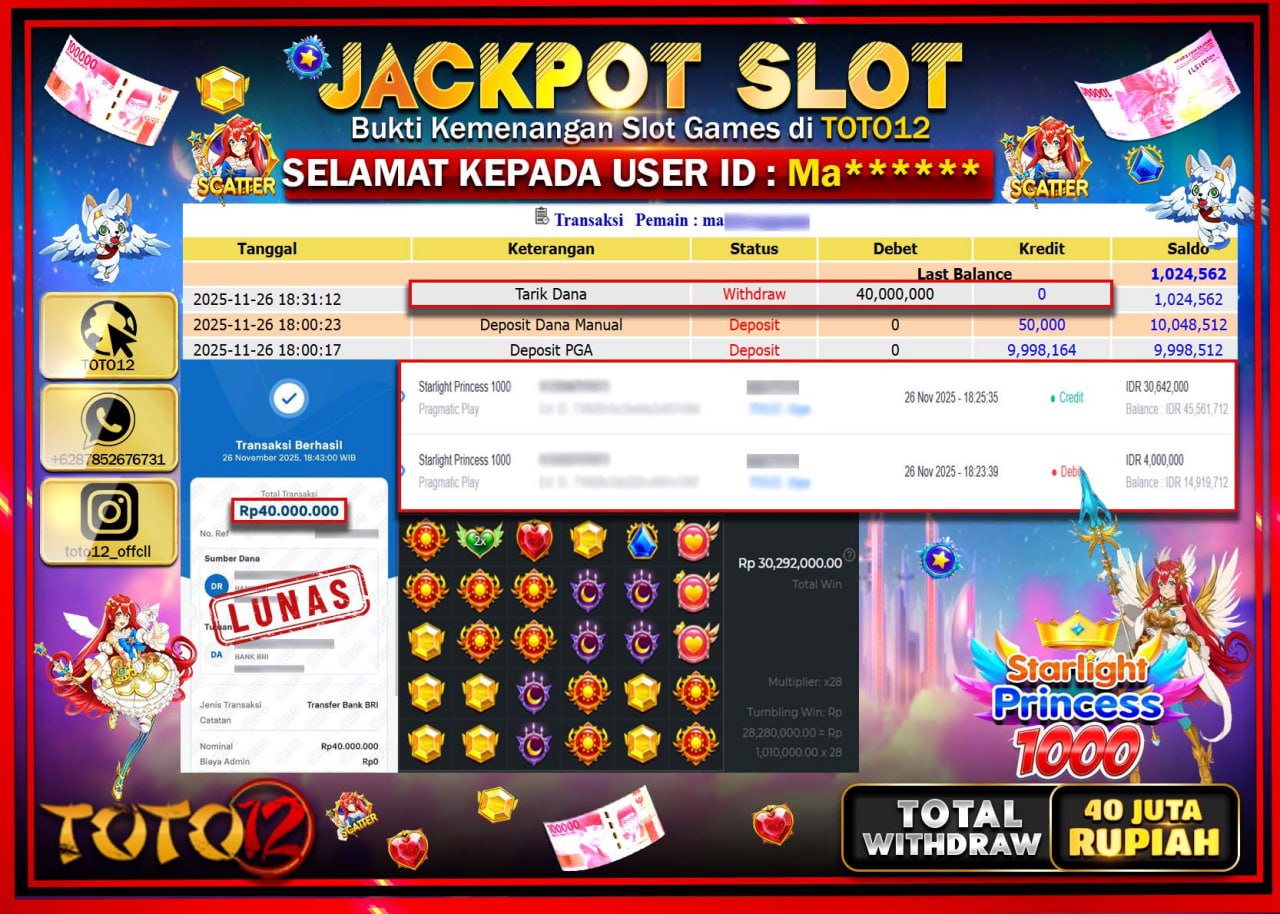 HANYA DI TOTO12 JP PASTI DI BAYAR LUNAS DAN CEPAT!!!!!! JACKPOT SLOT GAME (STARLIGHT PRINCESS 1000) Rp.40.000.000 !!!!
