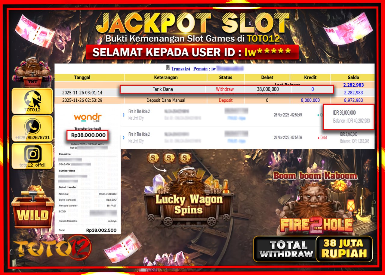 HANYA DI TOTO12 JP PASTI DI BAYAR LUNAS DAN CEPAT!!!!!! JACKPOT SLOT GAME (FIRE IN THE HOLE 2) Rp.38.000.000 !!!!