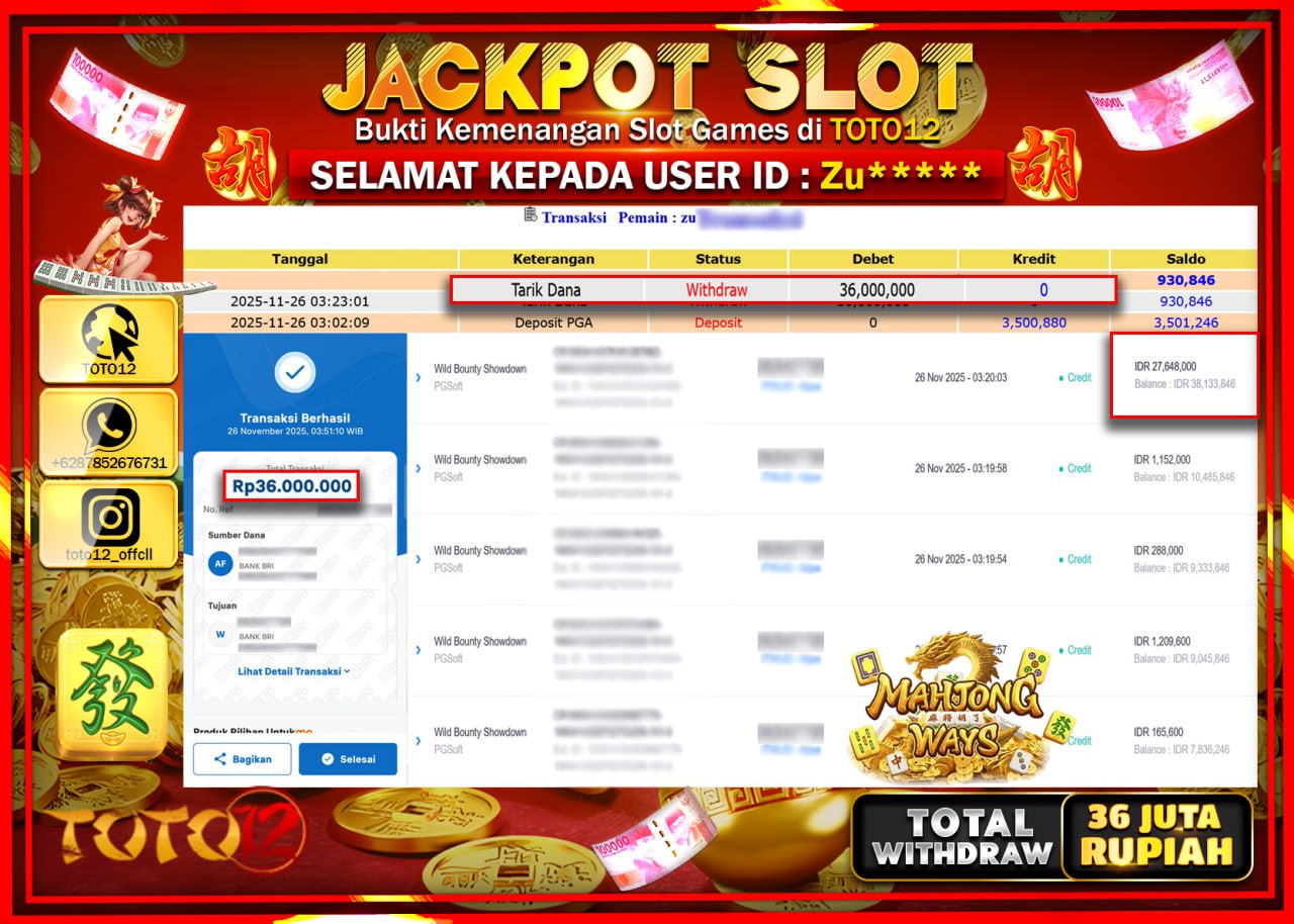 HANYA DI TOTO12 JP PASTI DI BAYAR LUNAS DAN CEPAT!!!!!! JACKPOT SLOT GAME (MAHJONG WAYS) Rp.36.000.000 !!!!