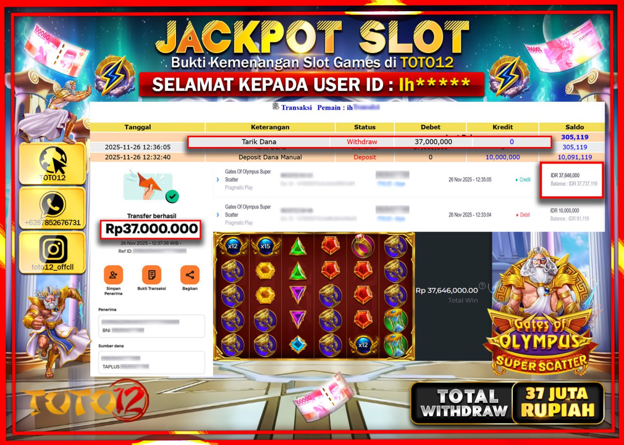 HANYA DI TOTO12 JP PASTI DI BAYAR LUNAS DAN CEPAT!!!!!! JACKPOT SLOT GAME (GATES OF OLYMPUS SUPER SCATTER) Rp.37.000.000 !!!!