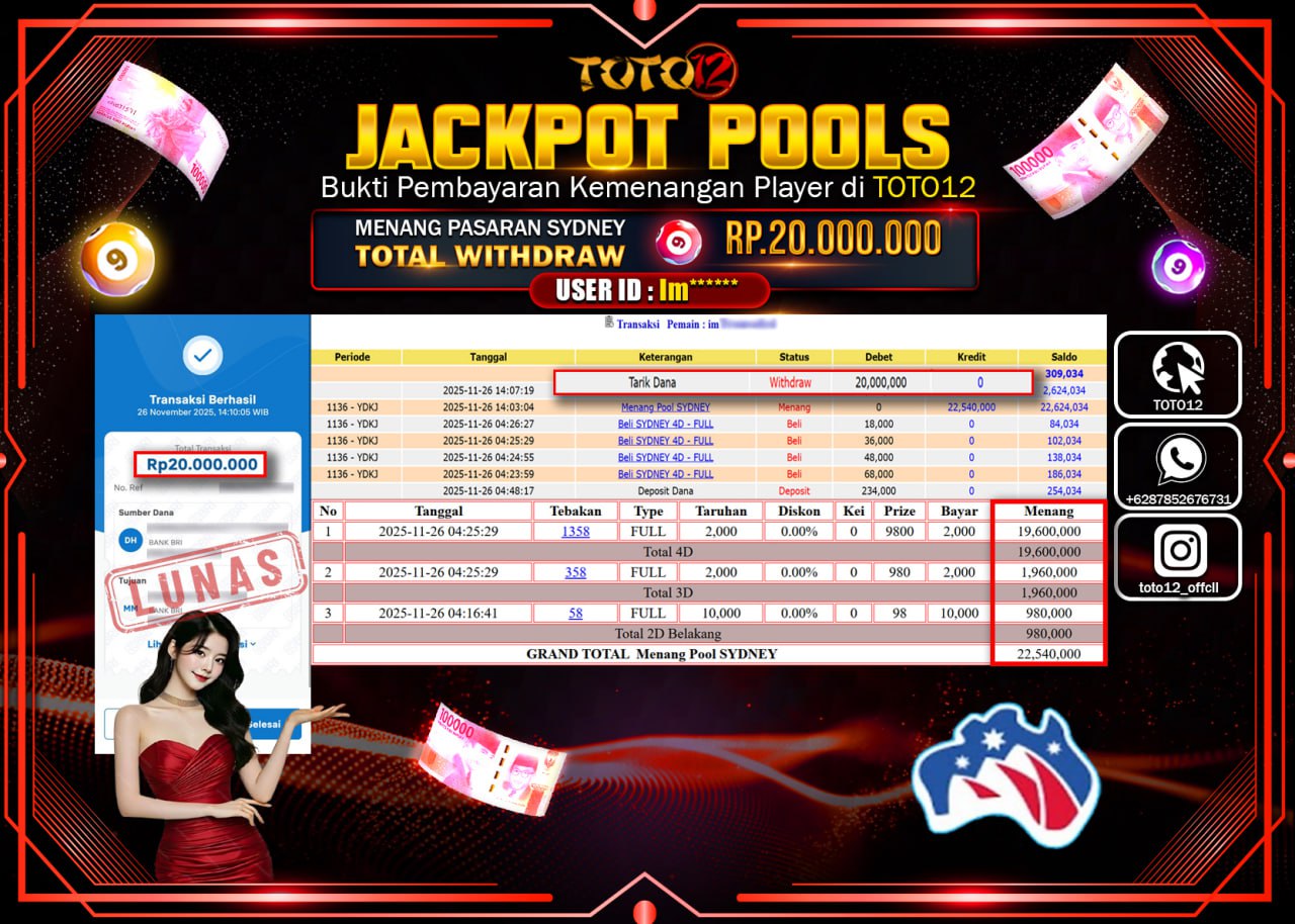 HANYA DI TOTO12 JP PASTI DI BAYAR LUNAS DAN CEPAT!!!!!! JACKPOT POOLS PASARAN (SYDNEY) Rp.20.000.000 !!!!