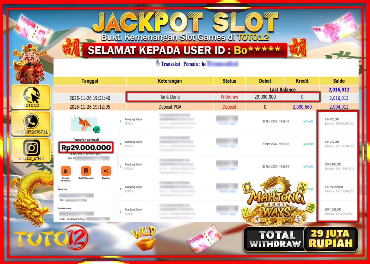HANYA DI TOTO12 JP PASTI DI BAYAR LUNAS DAN CEPAT!!!!!! JACKPOT SLOT GAME (MAHJONG WAYS) Rp.29.000.000 !!!!