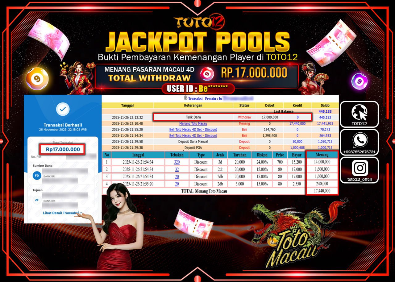 HANYA DI TOTO12 JP PASTI DI BAYAR LUNAS DAN CEPAT!!!!!! JACKPOT POOLS PASARAN (MACAU 4D) Rp.17.000.000 !!!!