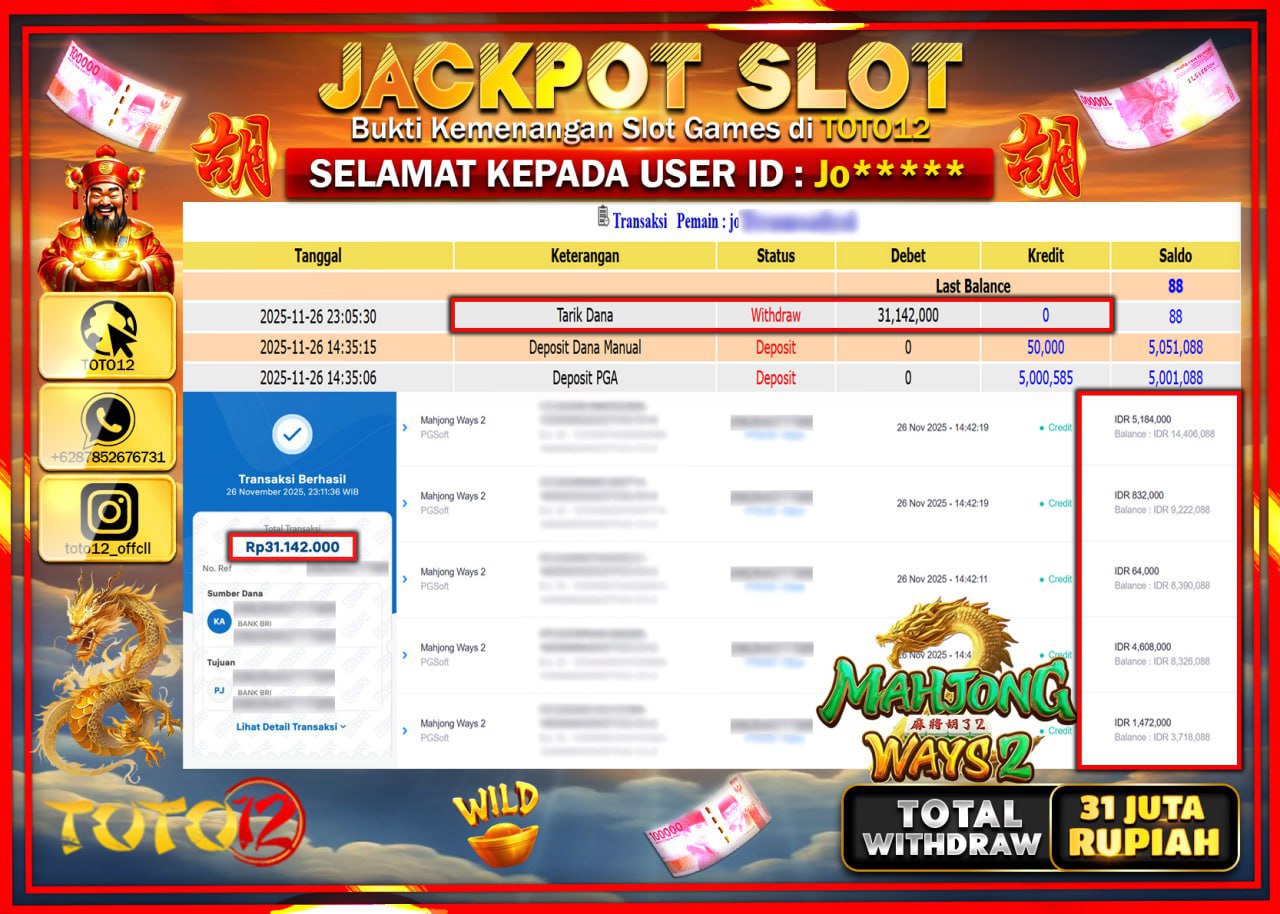 HANYA DI TOTO12 JP PASTI DI BAYAR LUNAS DAN CEPAT!!!!!! JACKPOT SLOT GAME (MAHJONG WAYS 2) Rp.31.142.000 !!!!