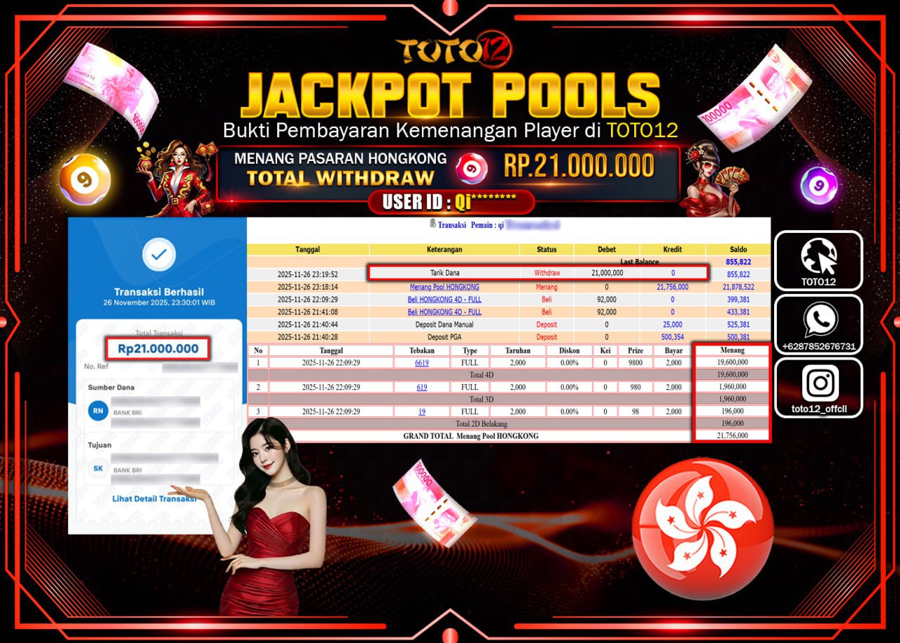 HANYA DI TOTO12 JP PASTI DI BAYAR LUNAS DAN CEPAT!!!!!! JACKPOT POOLS PASARAN (HONGKONG) Rp.21.000.000 !!!!