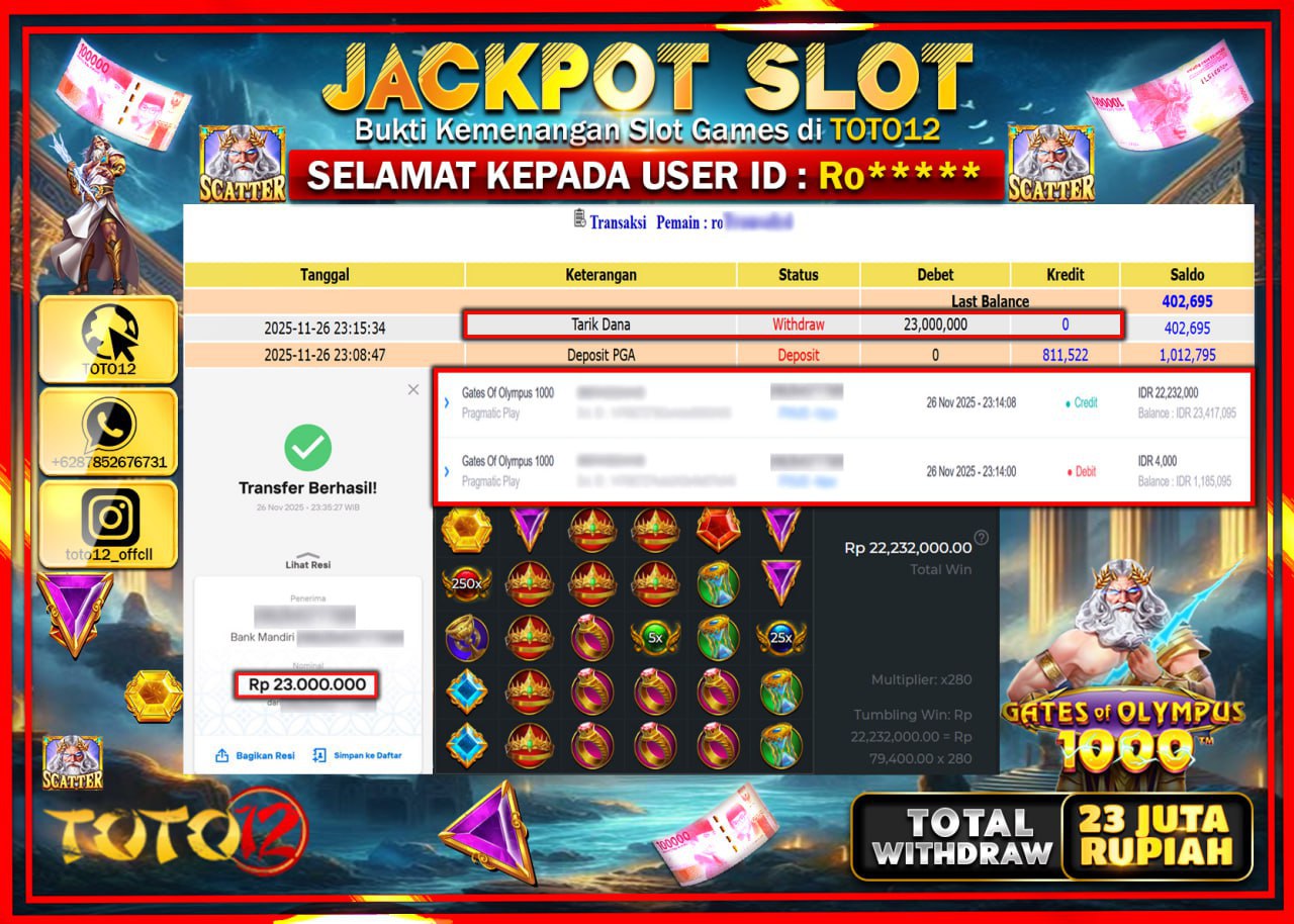 HANYA DI TOTO12 JP PASTI DI BAYAR LUNAS DAN CEPAT!!!!!! JACKPOT SLOT GAME (GATES OF OLYMPUS 1000) Rp.23.000.000 !!!!