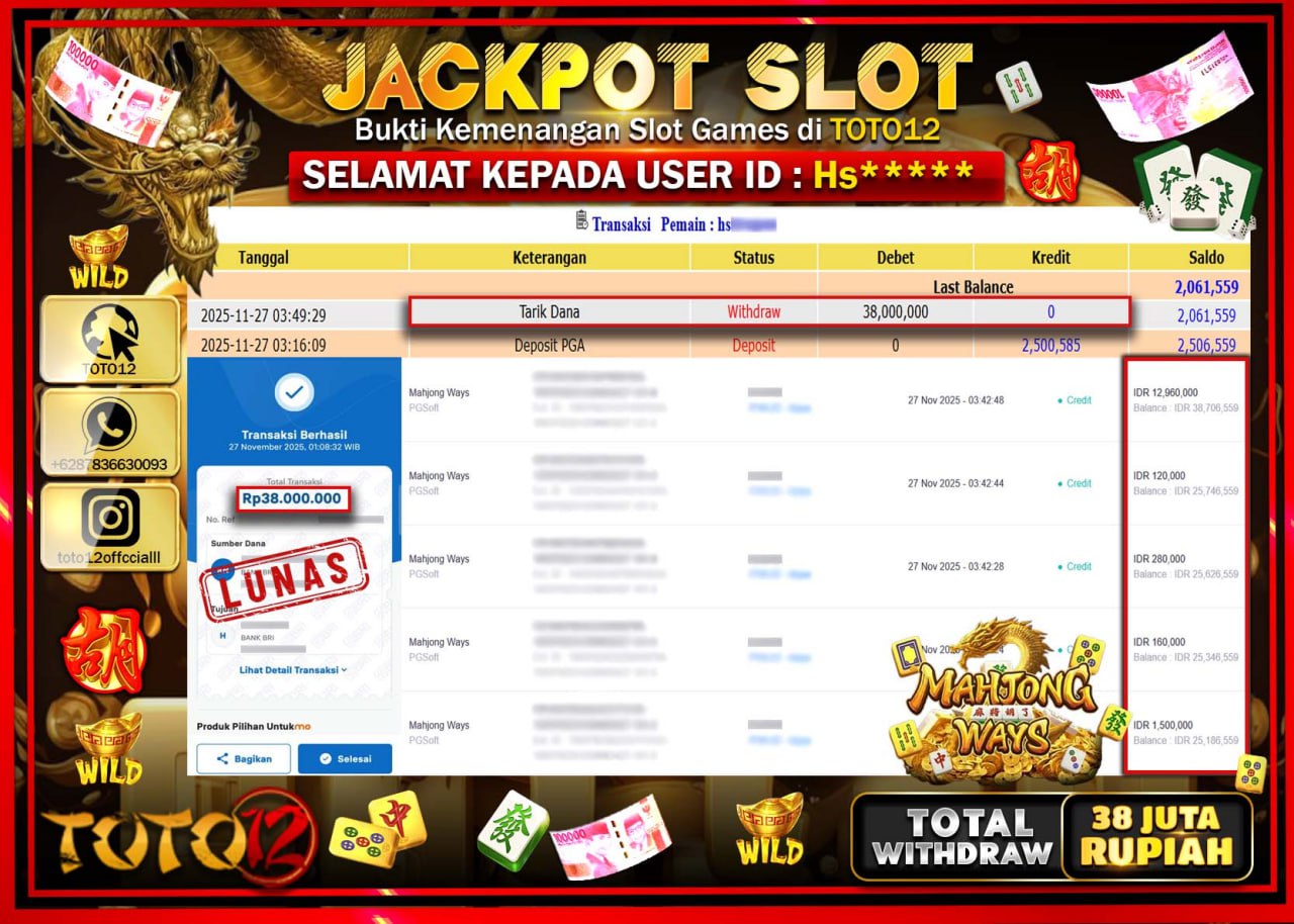 HANYA DI TOTO12 JP PASTI DI BAYAR LUNAS DAN CEPAT!!!!!! JACKPOT SLOT GAME (MAHJONG WAYS) Rp.38.000.000 !!!!