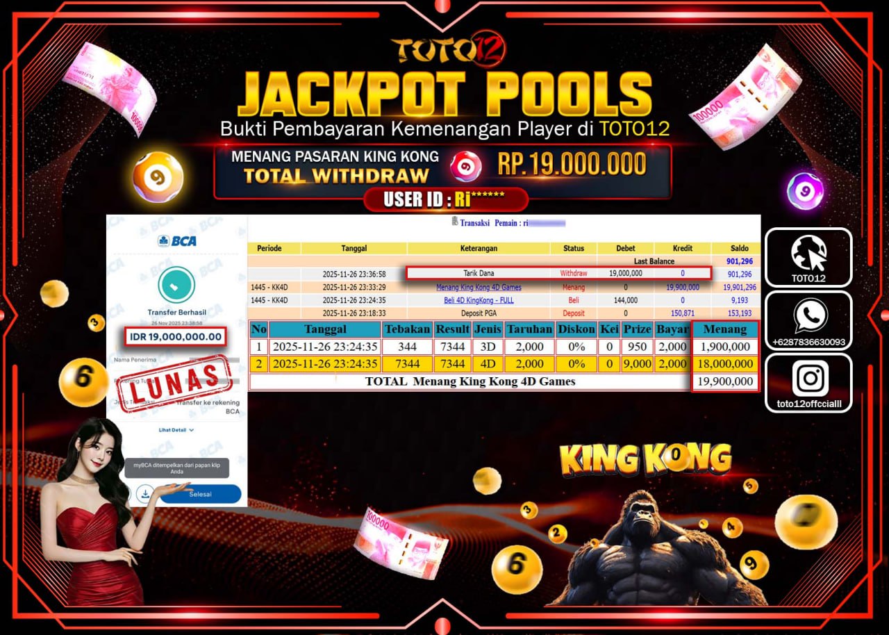 HANYA DI TOTO12 JP PASTI DI BAYAR LUNAS DAN CEPAT!!!!!! JACKPOT POOLS PASARAN (KING KONG) Rp.19.000.000 !!!!